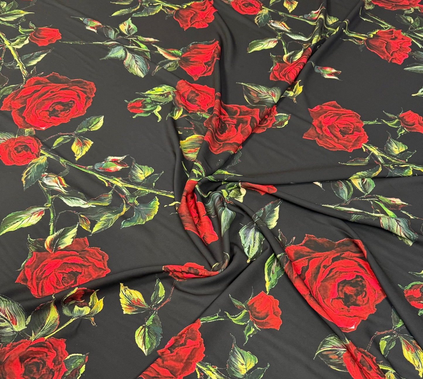 Black and Red Floral Rose Pattern Fabric by the Metre