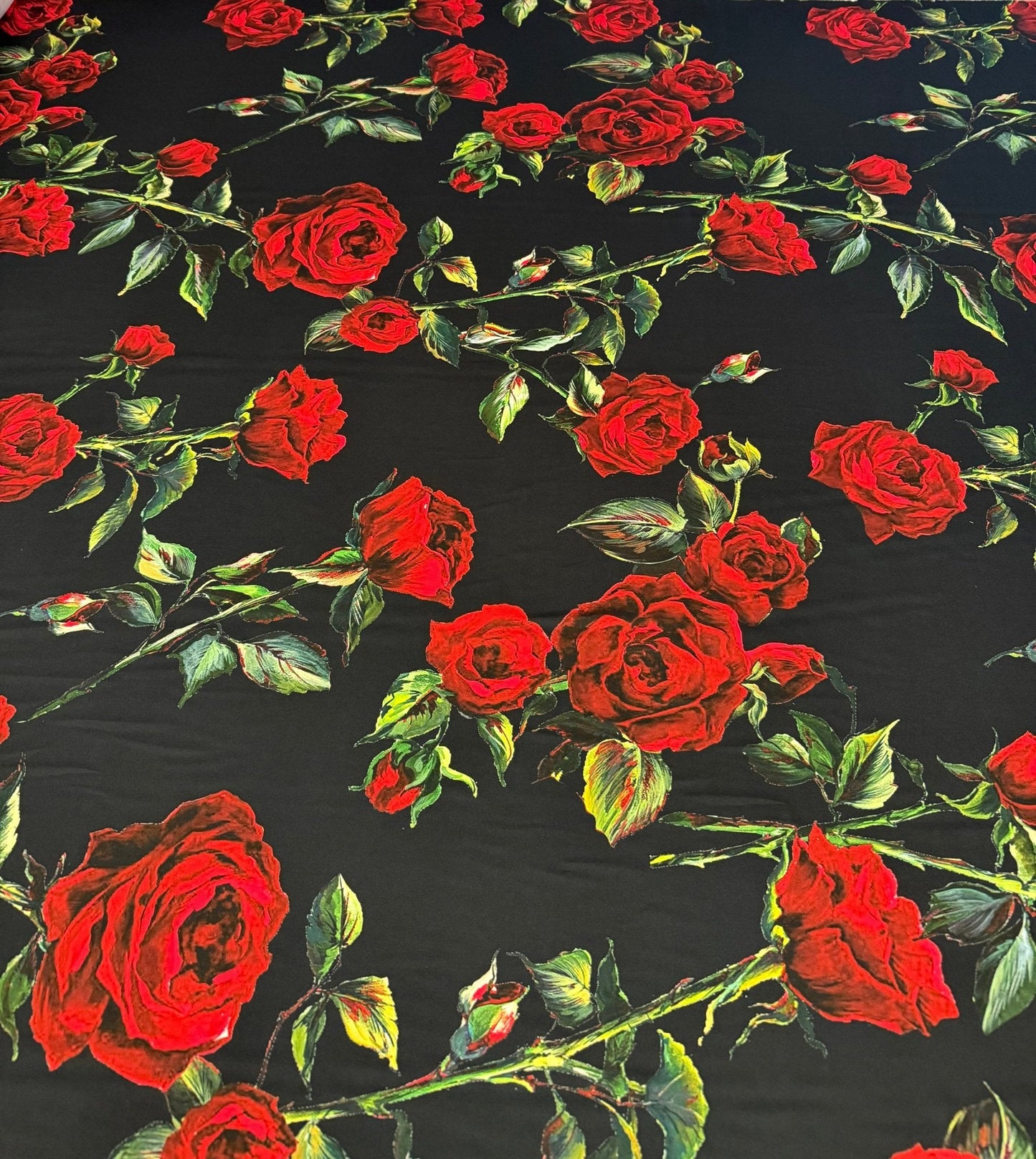 Black and Red Floral Rose Pattern Fabric by the Metre