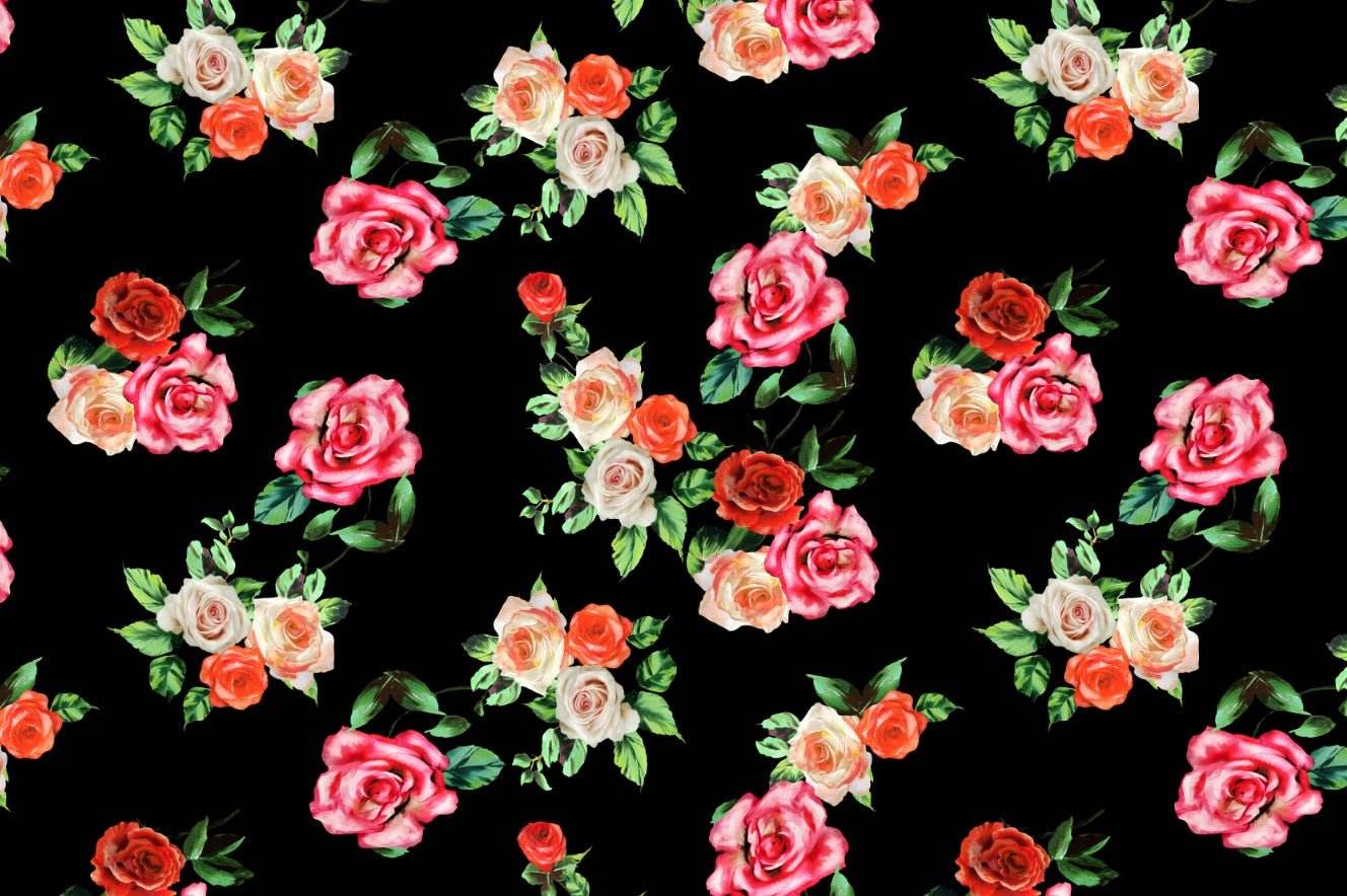 Black Background Rose Fabric – Available in Satin, Crepe, Spandex & Chiffon | By Metre