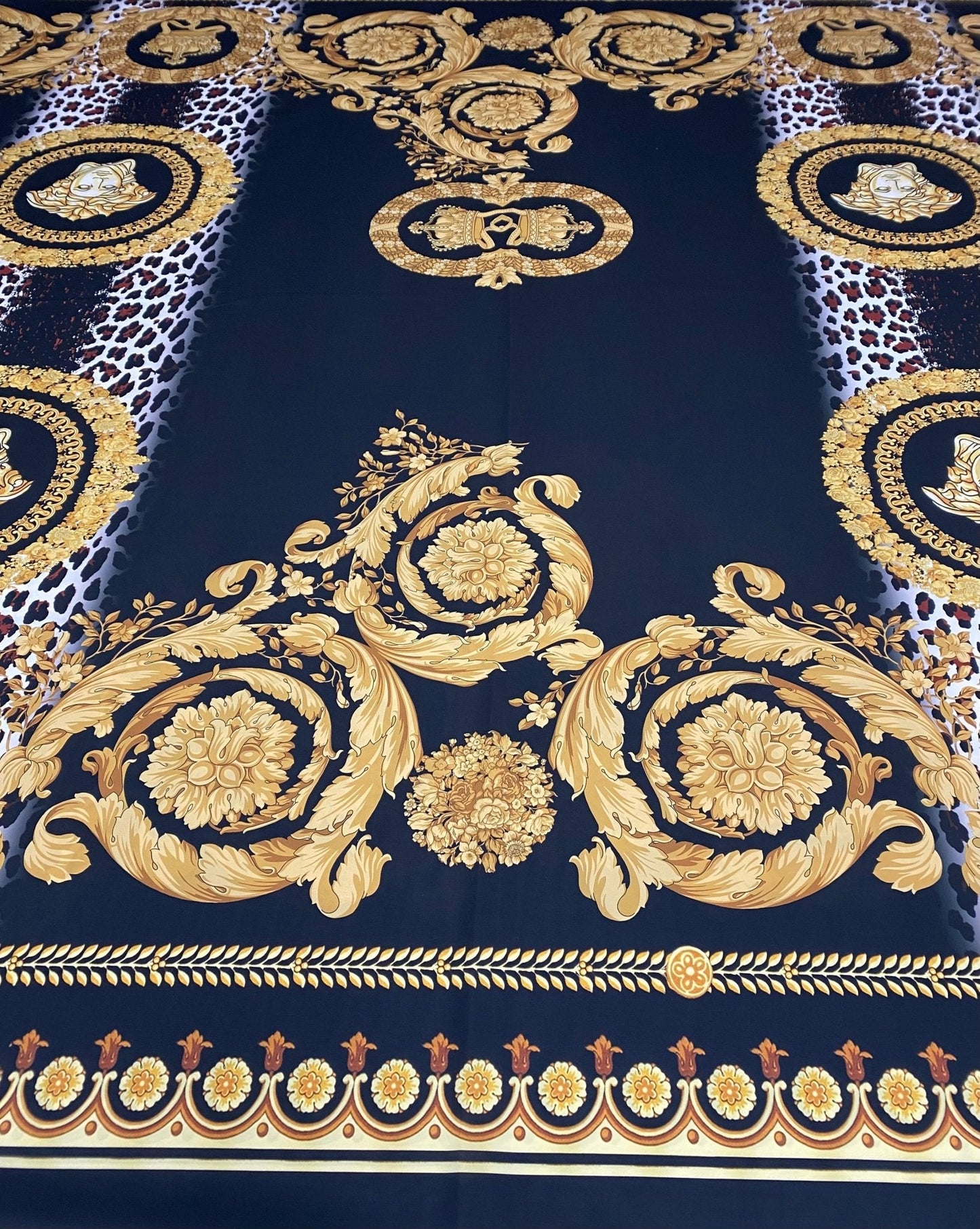 Black Baroque Gold Crepe Fabric by the Metre