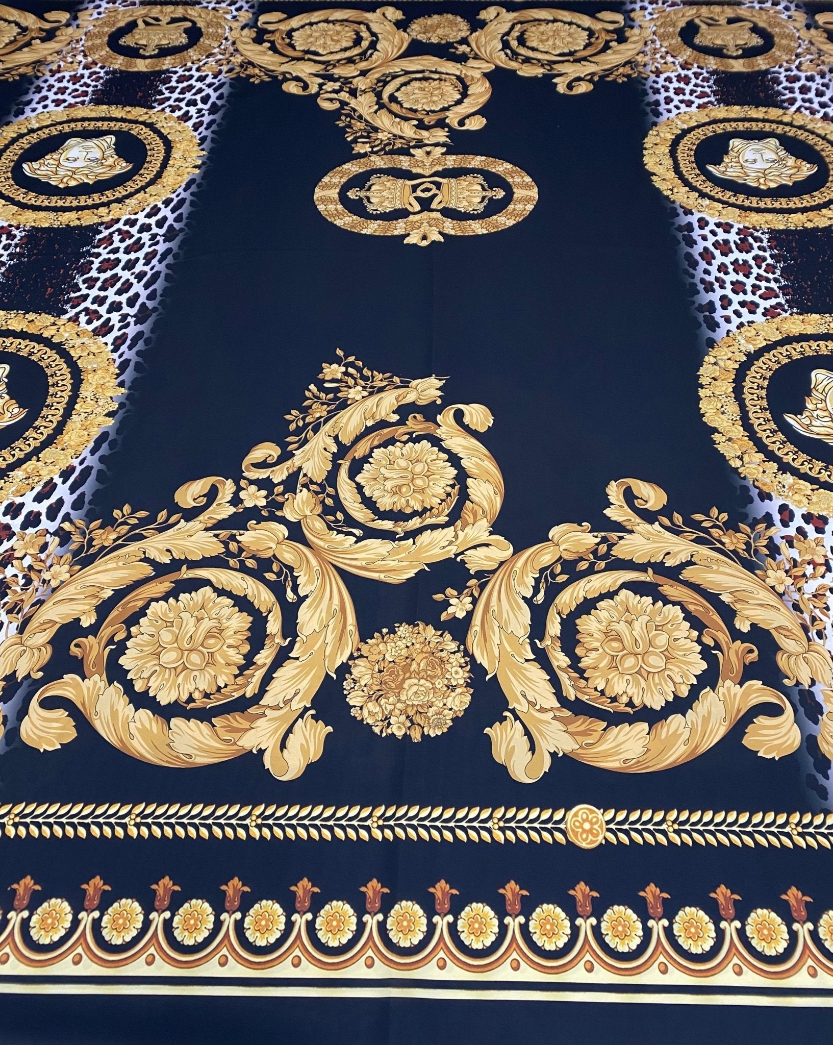 Black Baroque Gold Crepe Fabric by the Metre