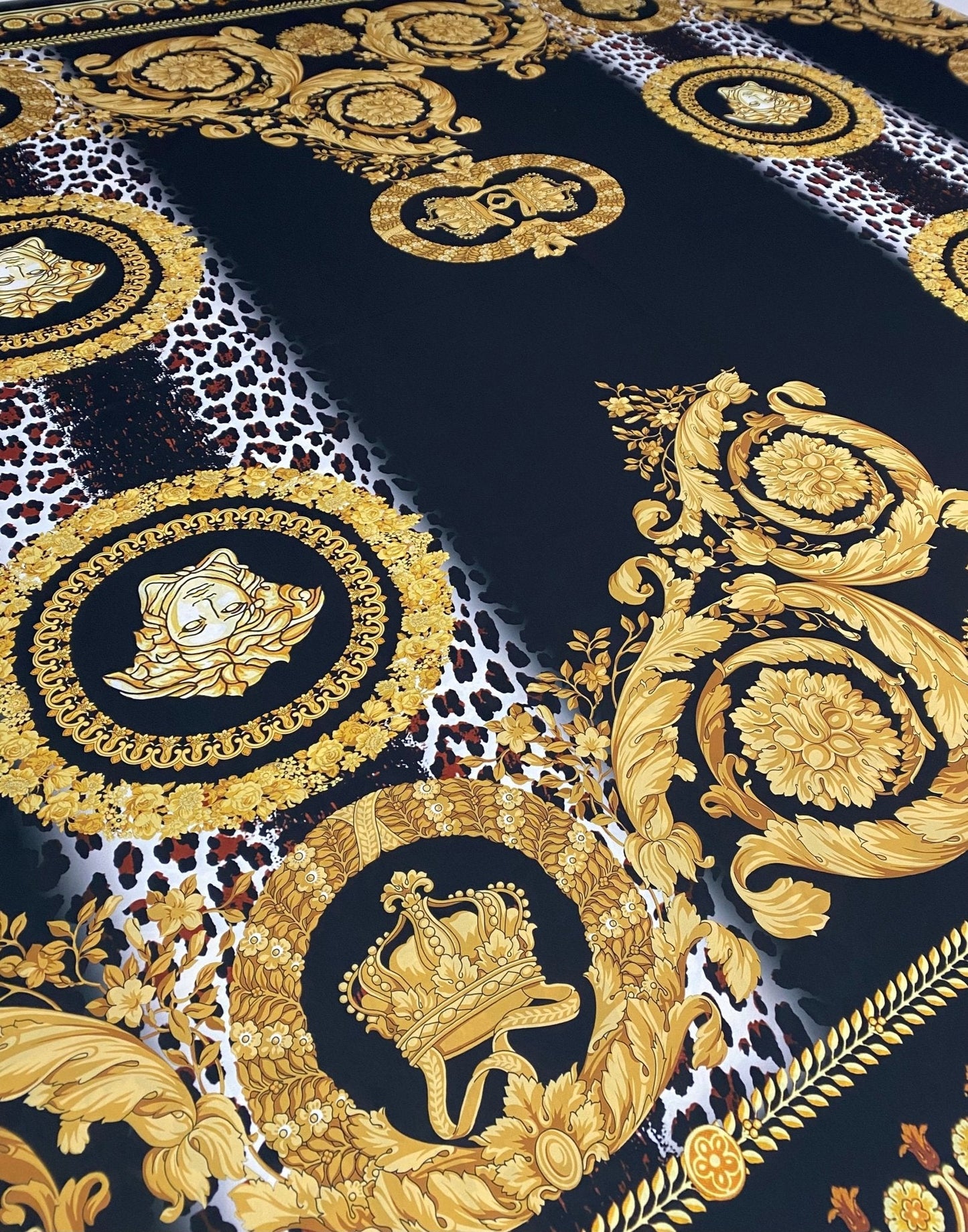 Black Baroque Gold Crepe Fabric by the Metre