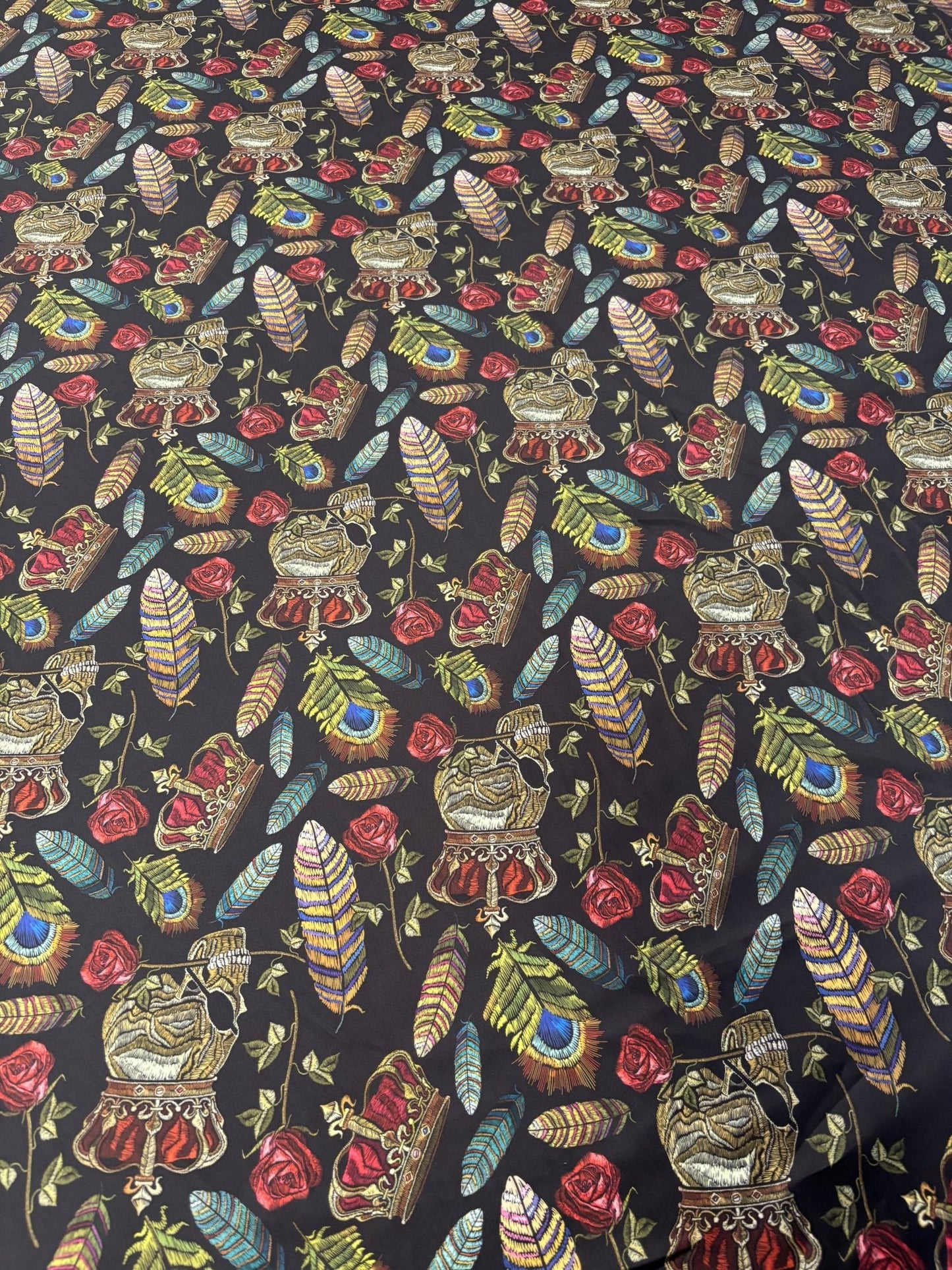 Black Chiffon Satin Fabric by the Metre – Gothic Crown Roses Feathers