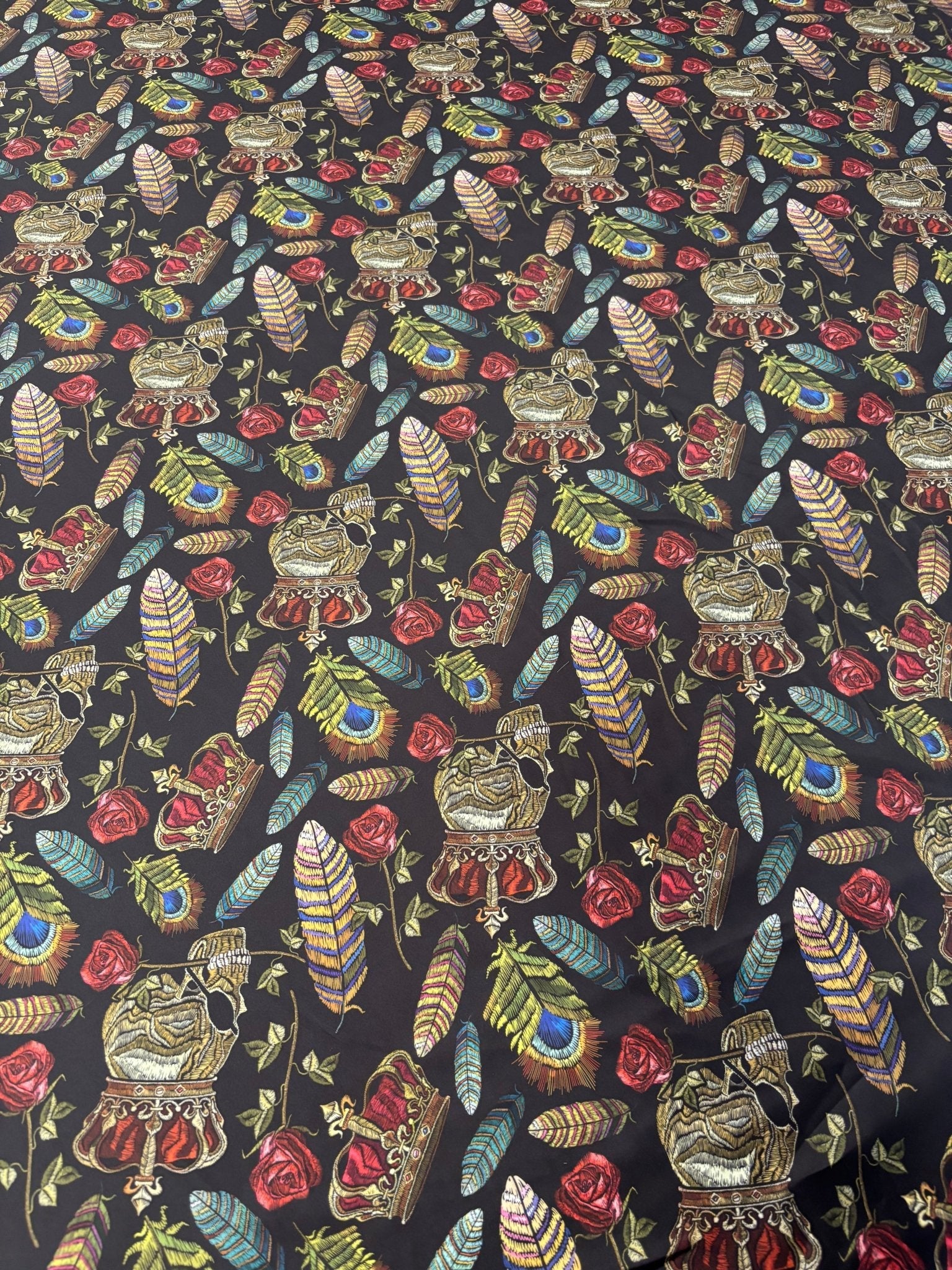 Black Chiffon Satin Fabric by the Metre – Gothic Crown Roses Feathers