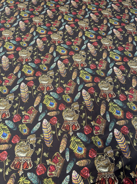 Black Chiffon Satin Fabric by the Metre – Gothic Crown Roses Feathers