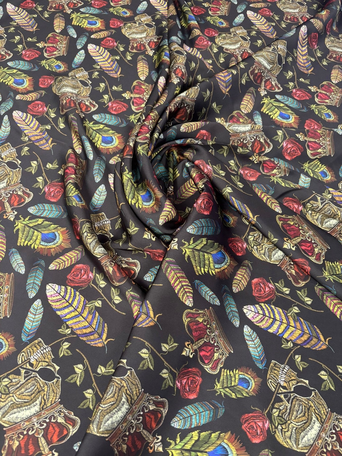 Black Chiffon Satin Fabric by the Metre – Gothic Crown Roses Feathers