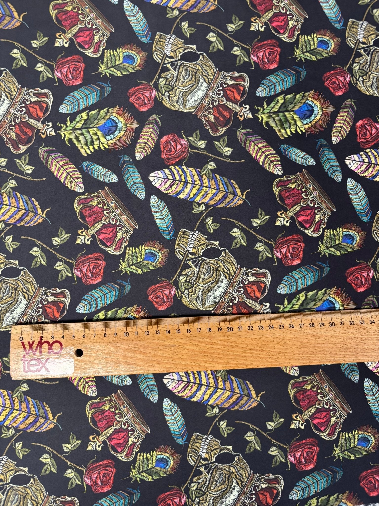 Black Chiffon Satin Fabric by the Metre – Gothic Crown Roses Feathers