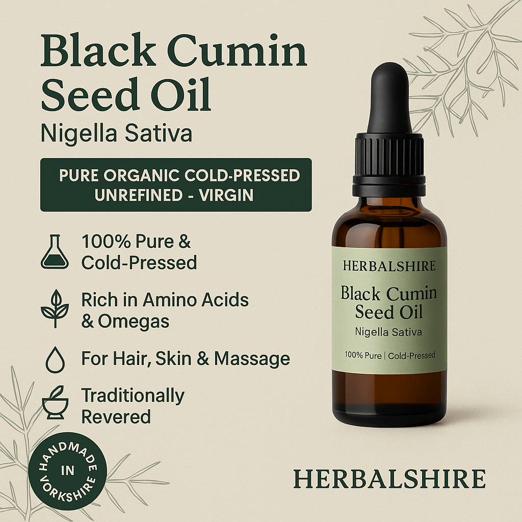 Black Cumin Seed Oil Nigella Sativa – Pure Organic Cold-Pressed Unrefined Virgin Oil for Hair Skin & Massage – Handmade by Herbalshire
