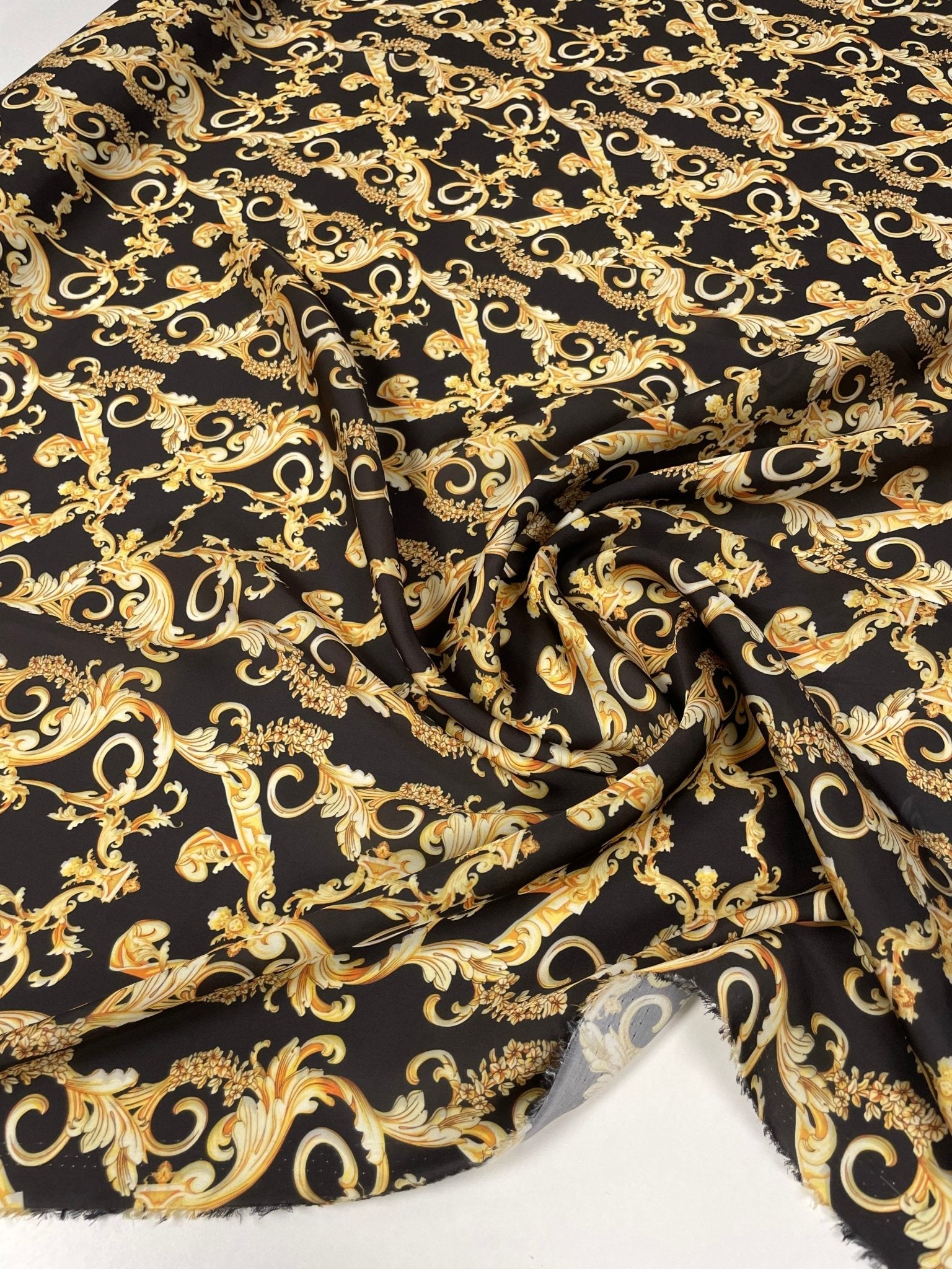 Black Satin Fabric with Gold Baroque Scroll Design