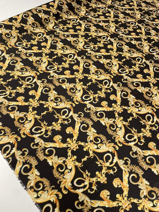 Black Satin Fabric with Gold Baroque Scroll Design