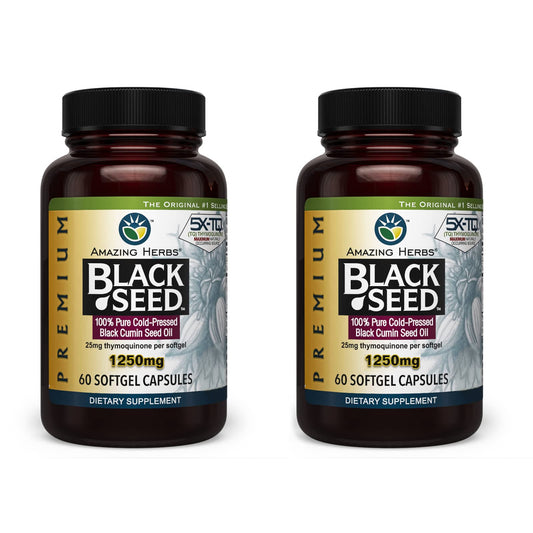 Amazing Herbs Premium Black Seed Oil Capsules - 1250mg, Cold-Pressed Nigella Sativa, 60 Count (Pack of 2)