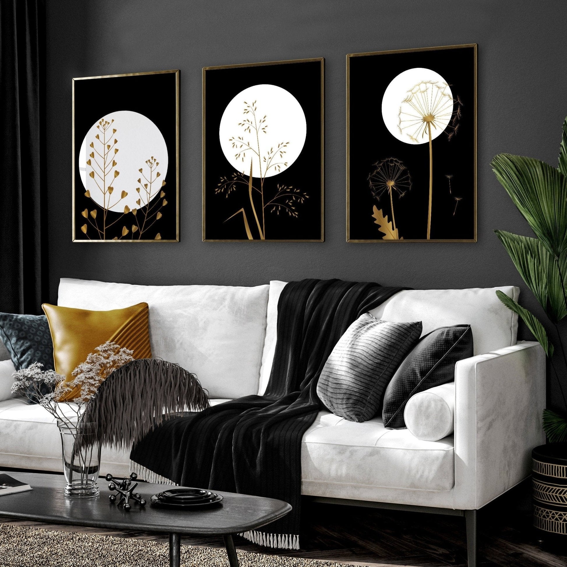 Black wall art for living room | set of 3 wall art prints