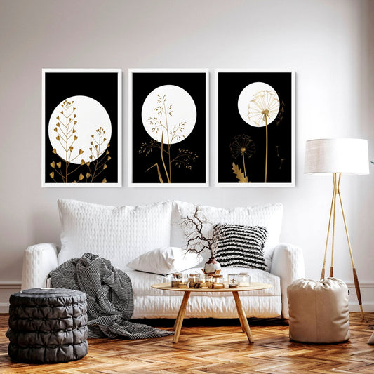 Black wall art for living room | set of 3 wall art prints