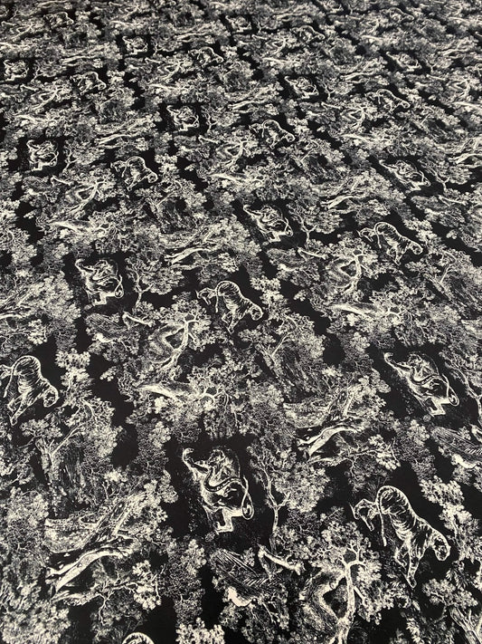 Black Wild Forest Pattern Fabric – Available in Satin, Crepe, Spandex & Chiffon | By Metre