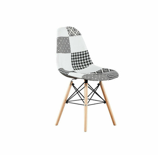 Black/White Patchwork Modern Dining Chair with Wooden Legs & Black Metal Wire Frame