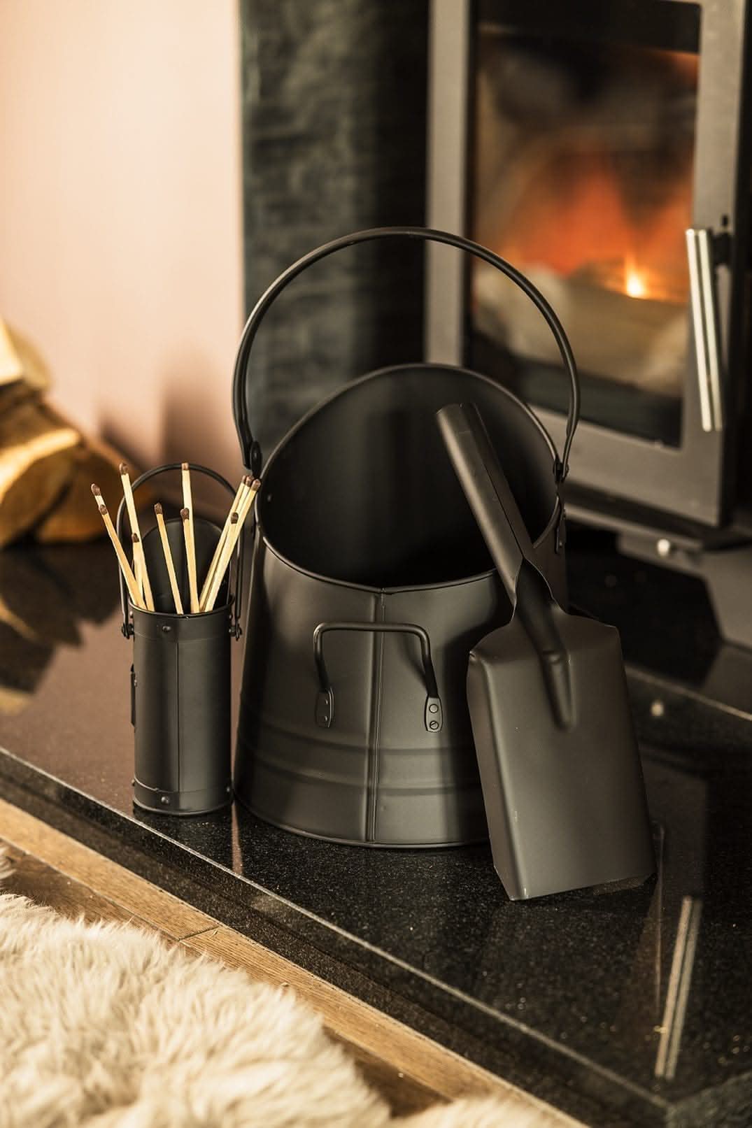 Black Fireside Coal Bucket Shovel & Match Canister Set