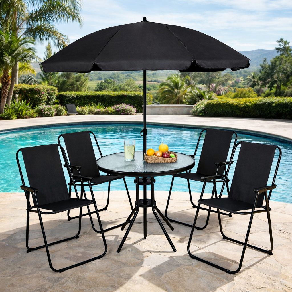 6pc Black Garden Furniture Set Table 4 Chairs and Parasol
