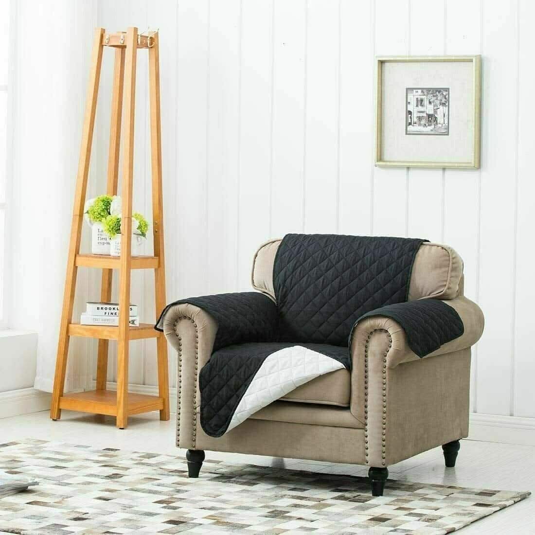 Black Quilted Armchair Cover Padded 1 Seater Sofa Protector