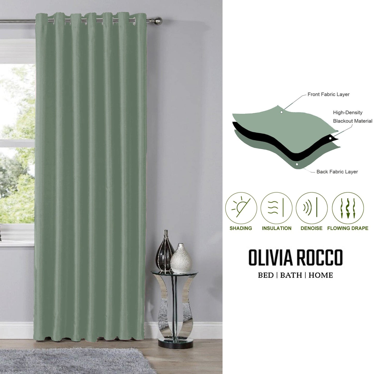 Blackout Sage Green Eyelet Curtains Thermal Ring Top Window Treatment for Living Room & Bedroom by OLIVIA ROCCO