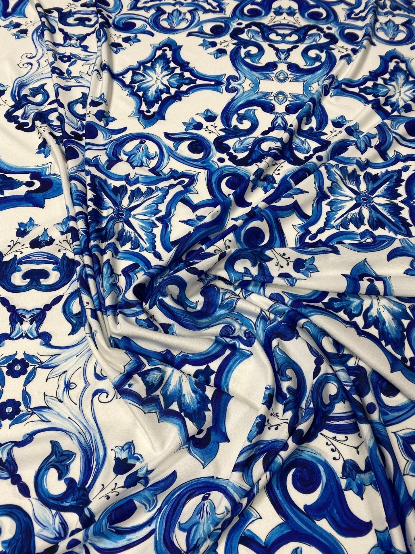 Majolica Floral Scroll Blue White Fabric by the Metre