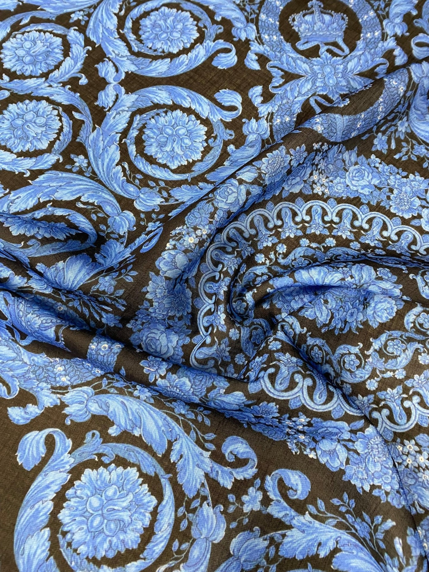 Blue Baroque Medallion Scroll Black Fabric by the Metre