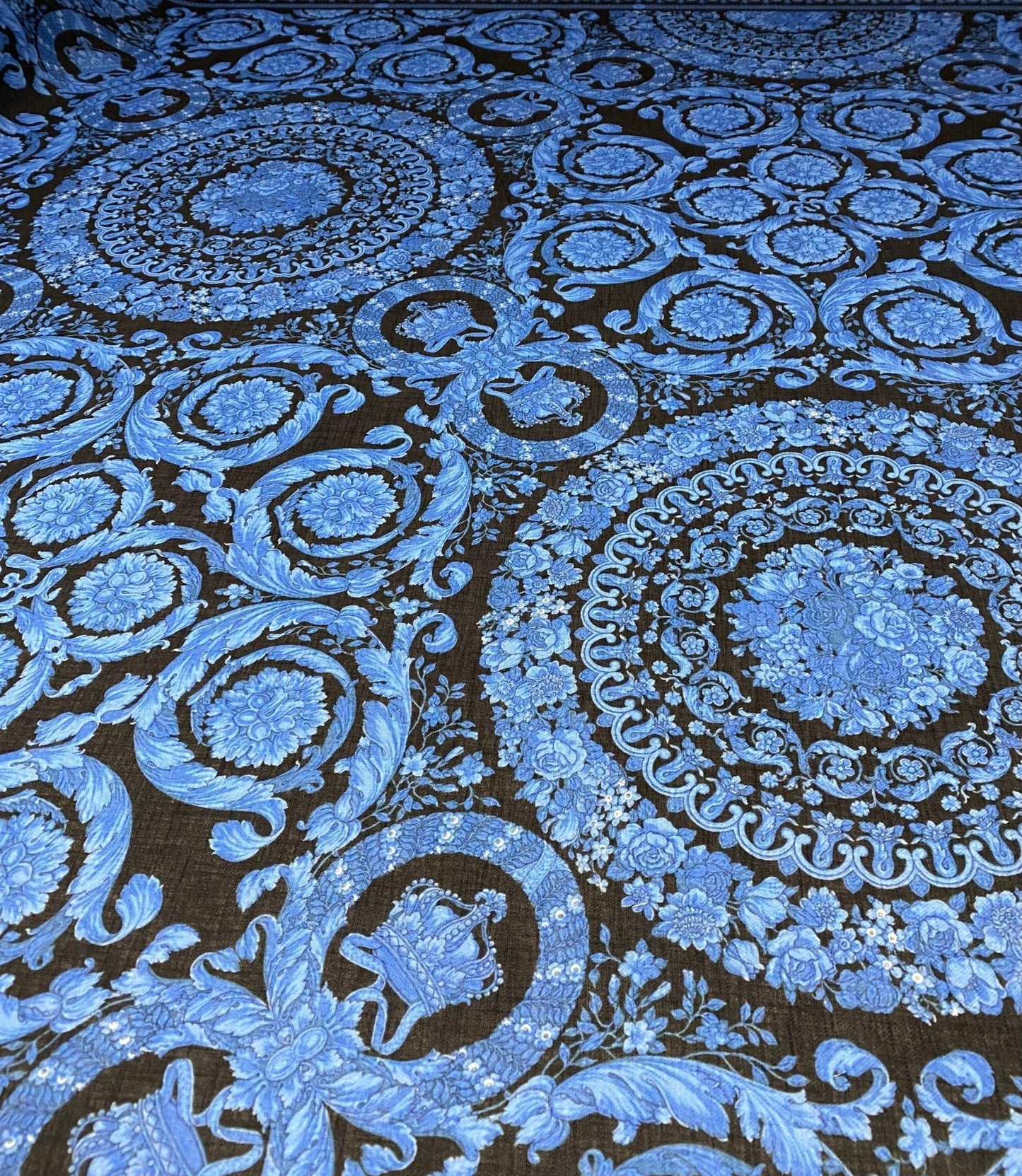 Blue Baroque Medallion Scroll Black Fabric by the Metre