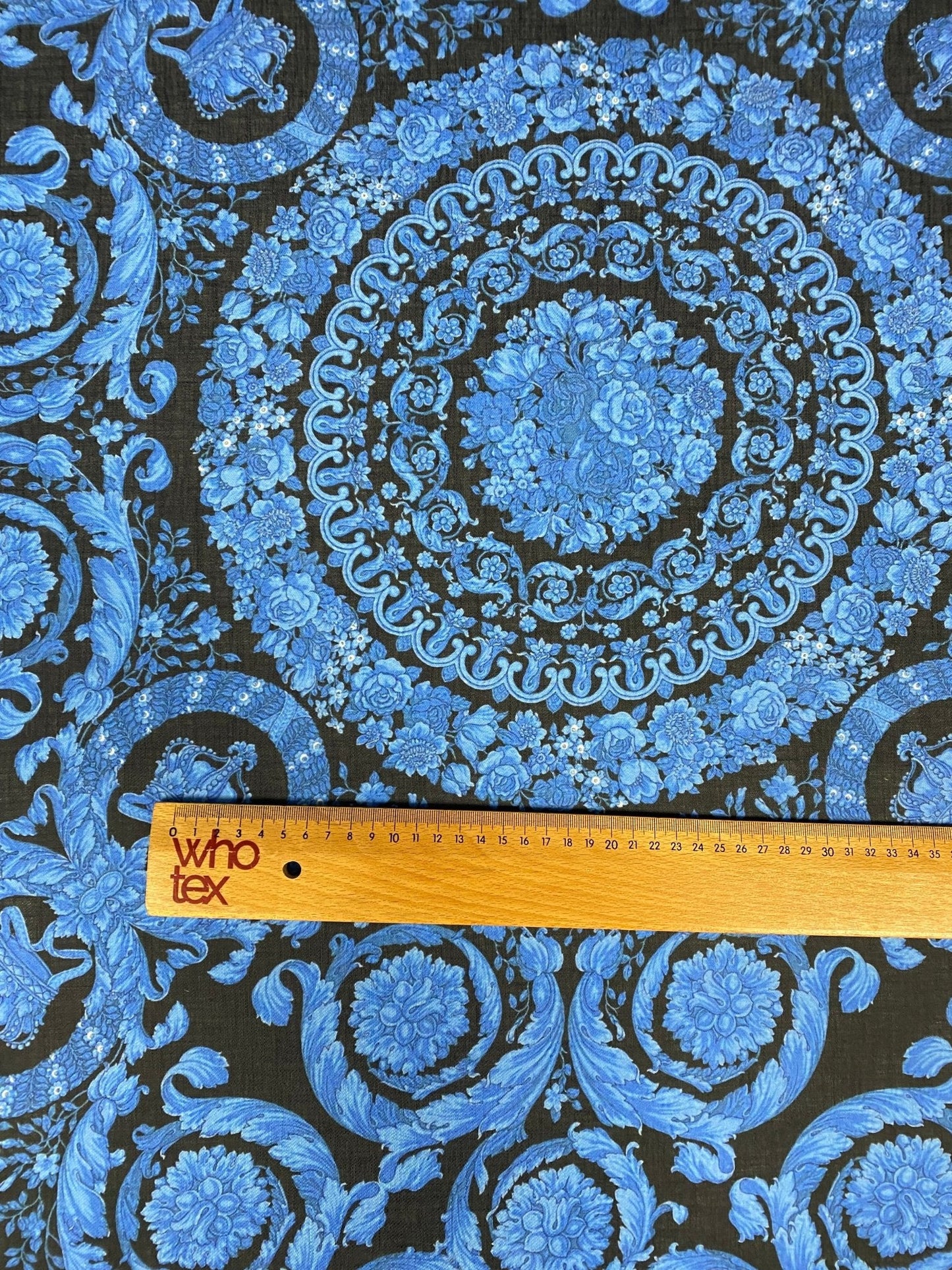 Blue Baroque Medallion Scroll Black Fabric by the Metre
