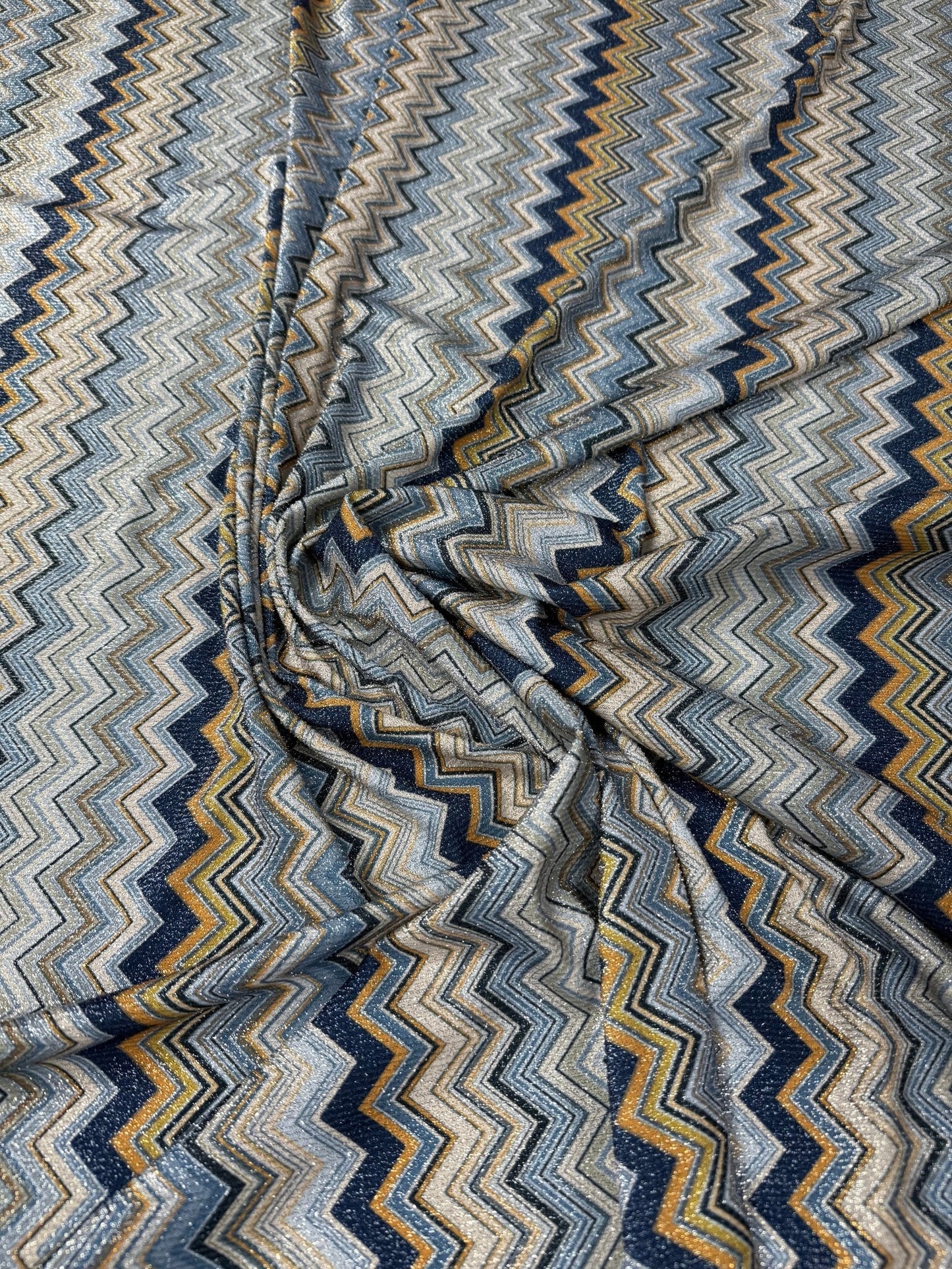 Blue & Bronze Zigzag Lurex Fabric with Metallic Shine