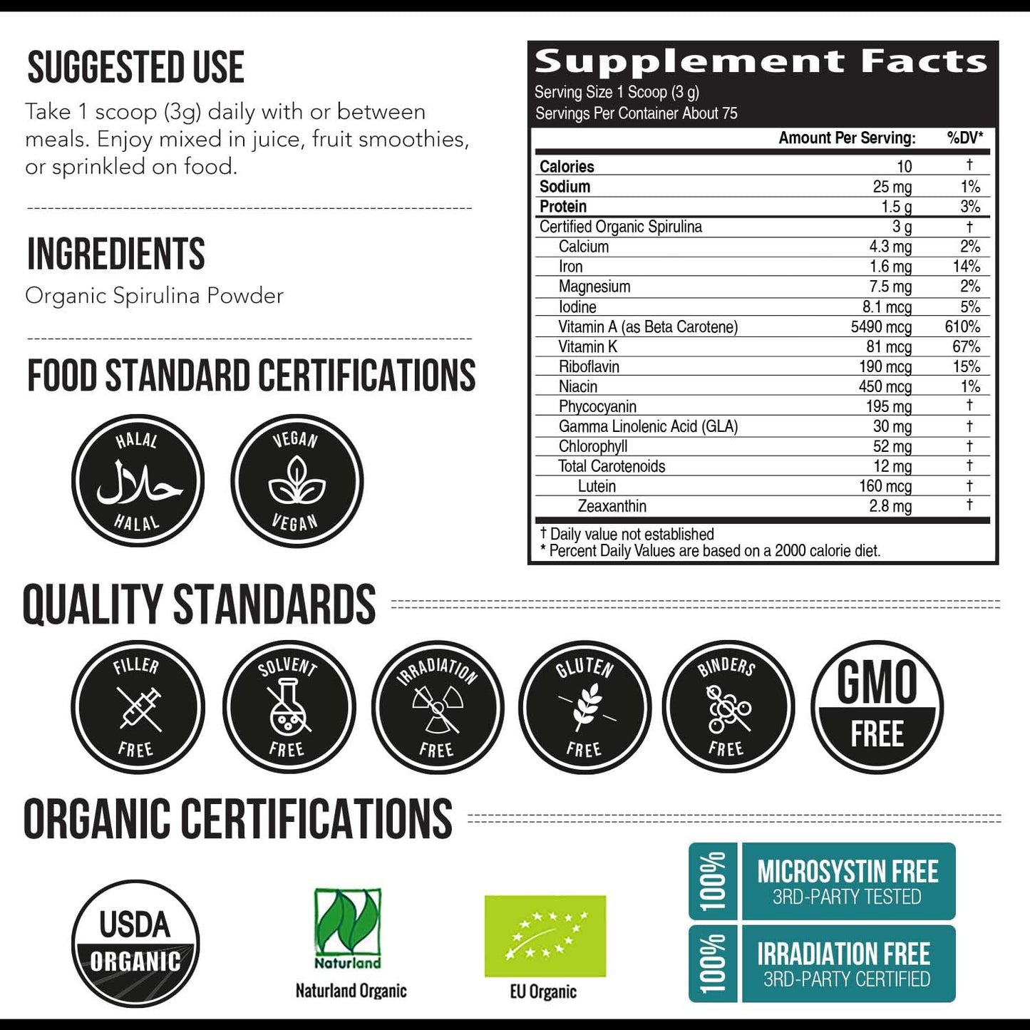 Organic Spirulina Powder – Parry Organic Spirulina | 8 oz, 75 Servings – Vegan, Non-Irradiated