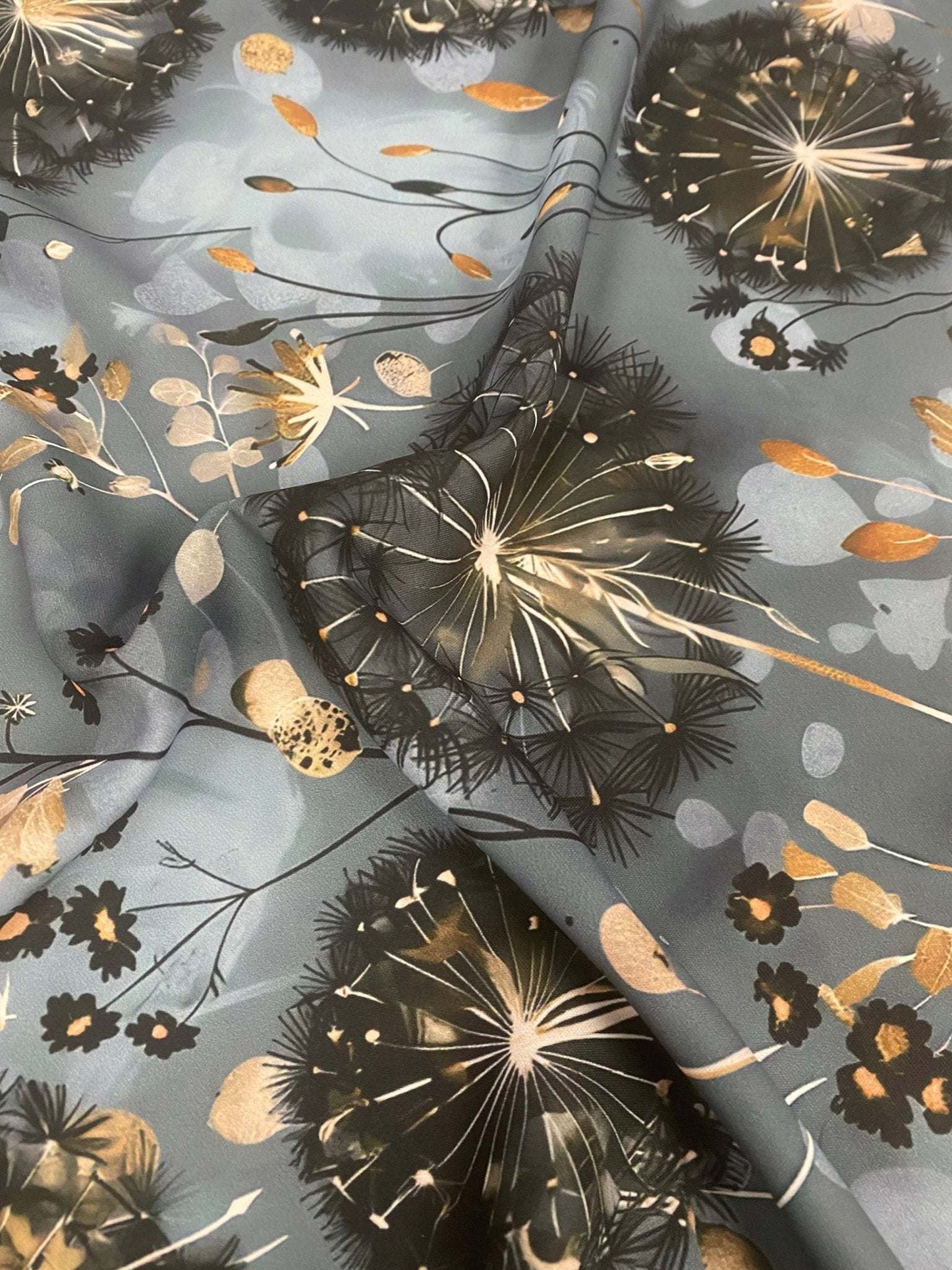 Blue Grey Dandelion Print Fabric By Metre