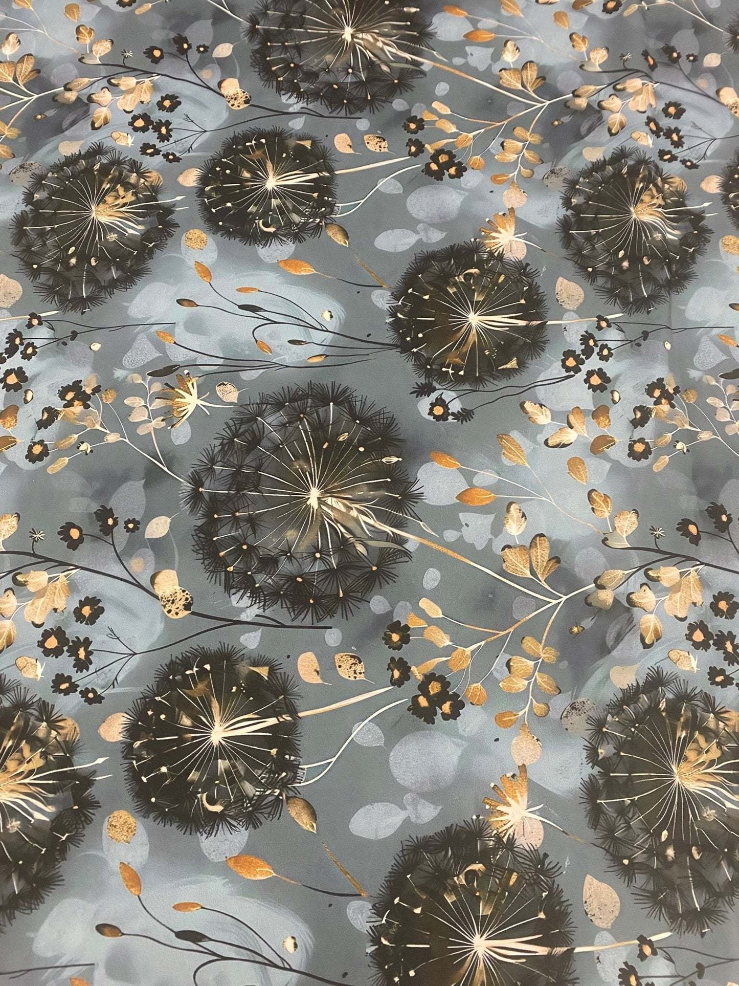 Blue Grey Dandelion Print Fabric By Metre