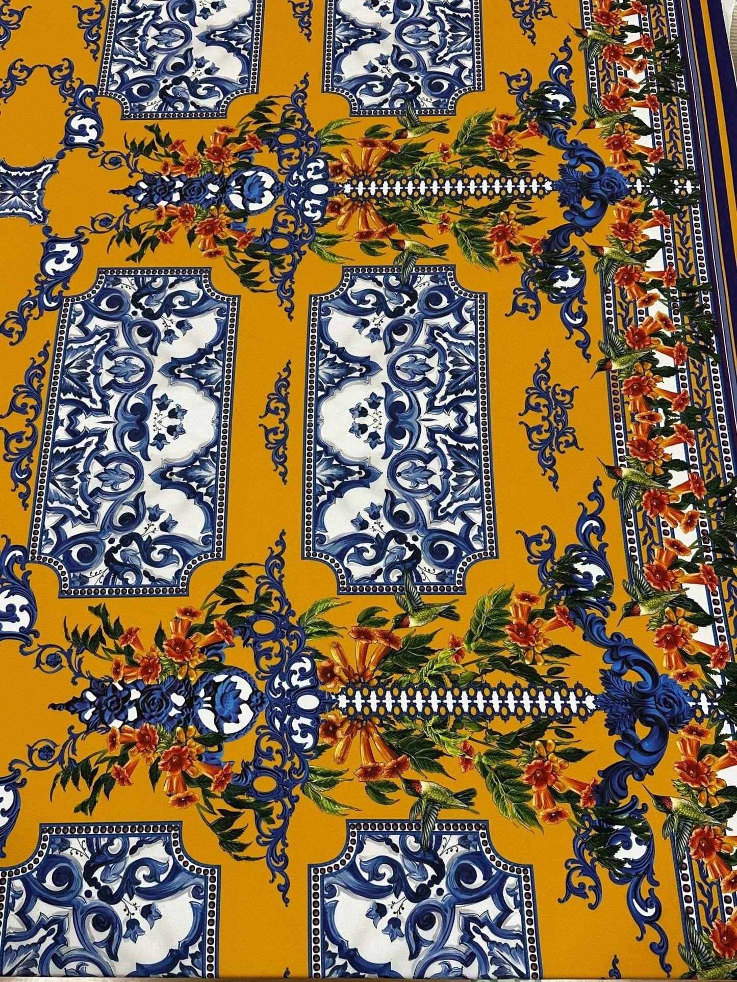 Elegant Mustard Yellow Baroque Floral Fabric by Metre