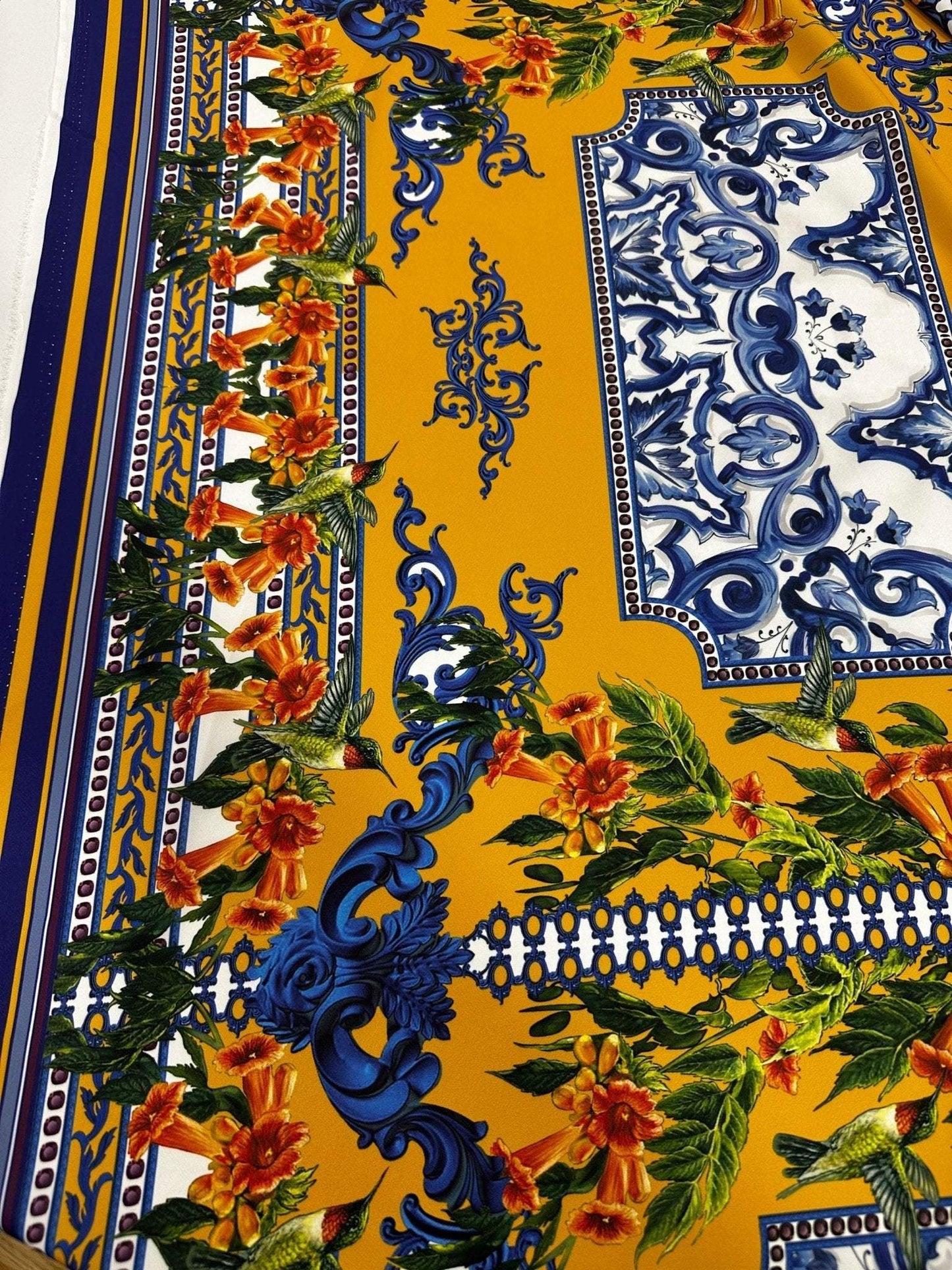 Elegant Mustard Yellow Baroque Floral Fabric by Metre