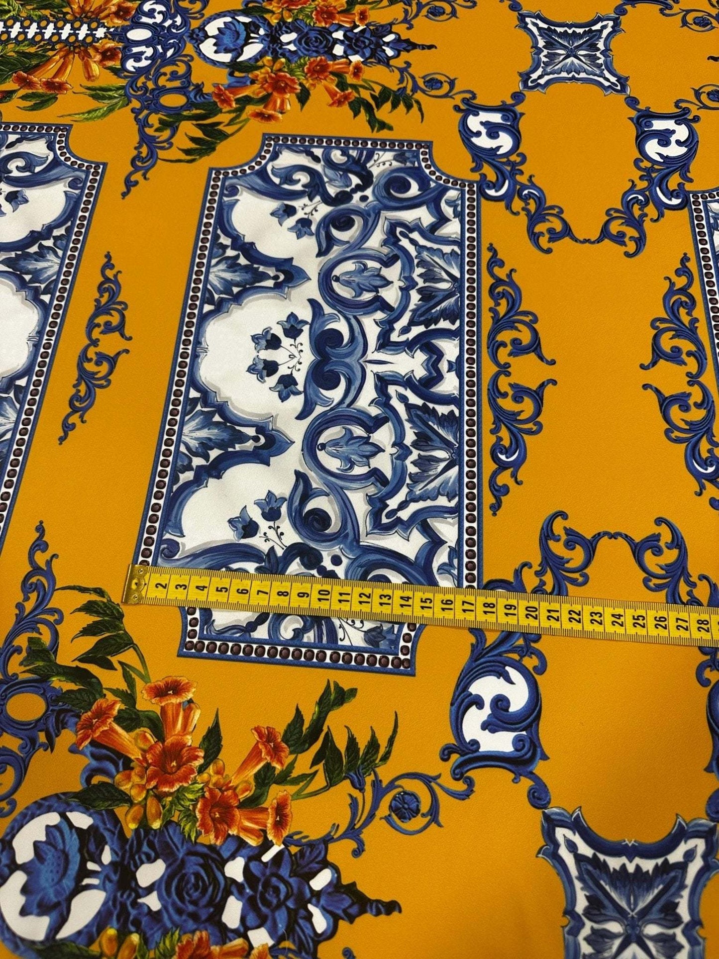 Elegant Mustard Yellow Baroque Floral Fabric by Metre