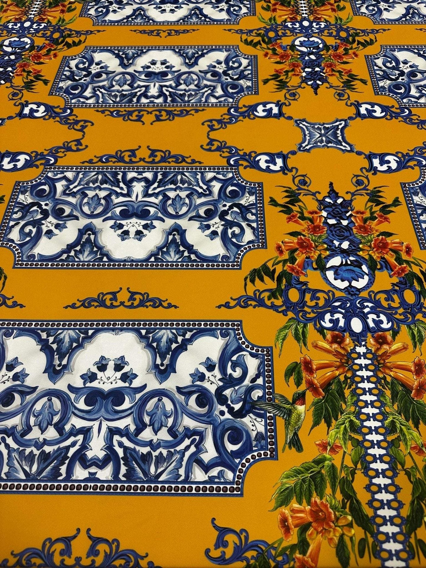 Elegant Mustard Yellow Baroque Floral Fabric by Metre