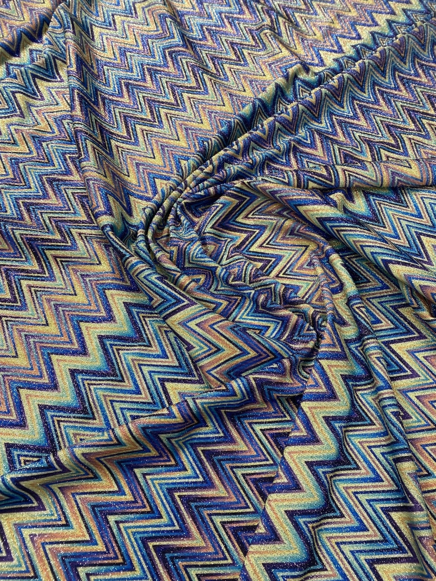 Blue Multicolour Zigzag Lurex Fabric by the Metre