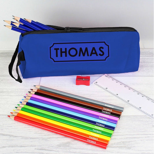 Blue Pencil Case with Personalised Pencils & stationary