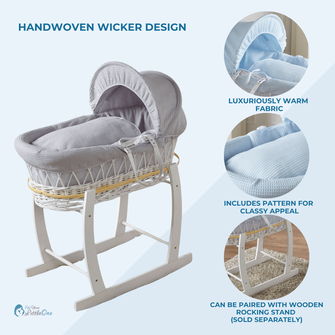 Pink Dimple Grey Wicker Baby Moses Basket With Stand