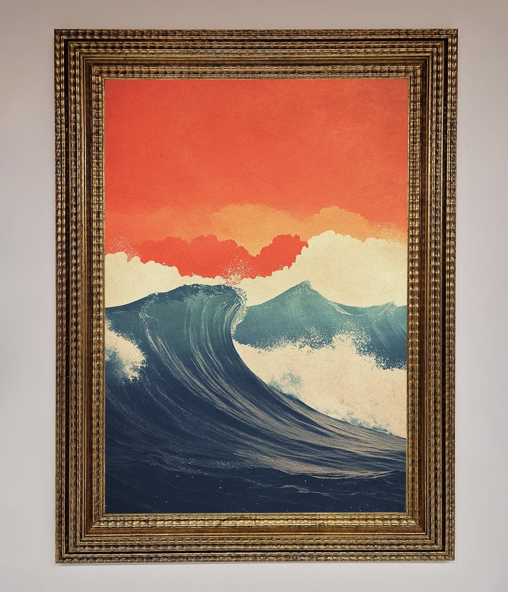 Blue Waves Crash Red Sunset Framed Poster