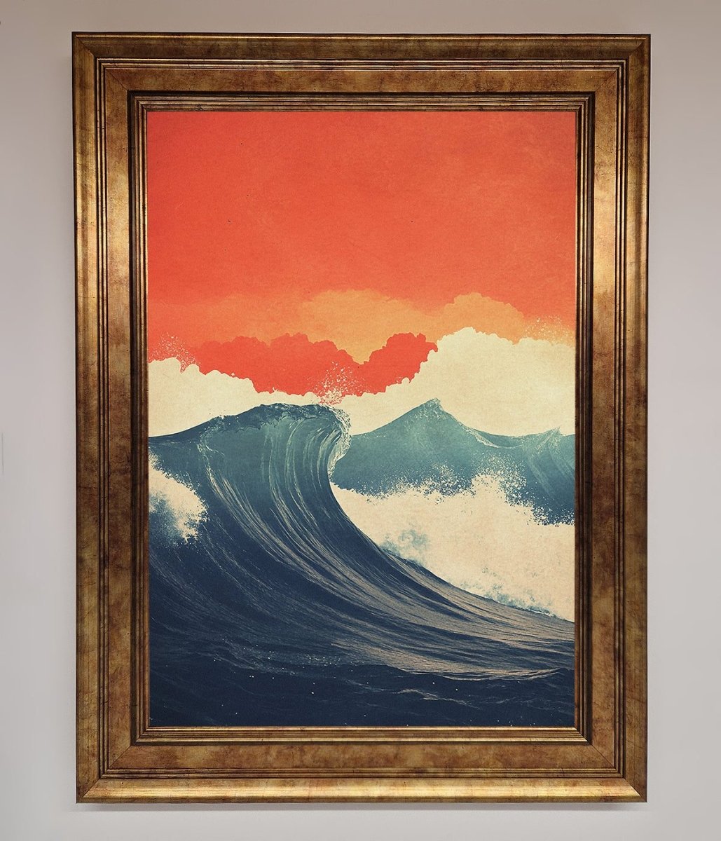 Blue Waves Crash Red Sunset Framed Poster