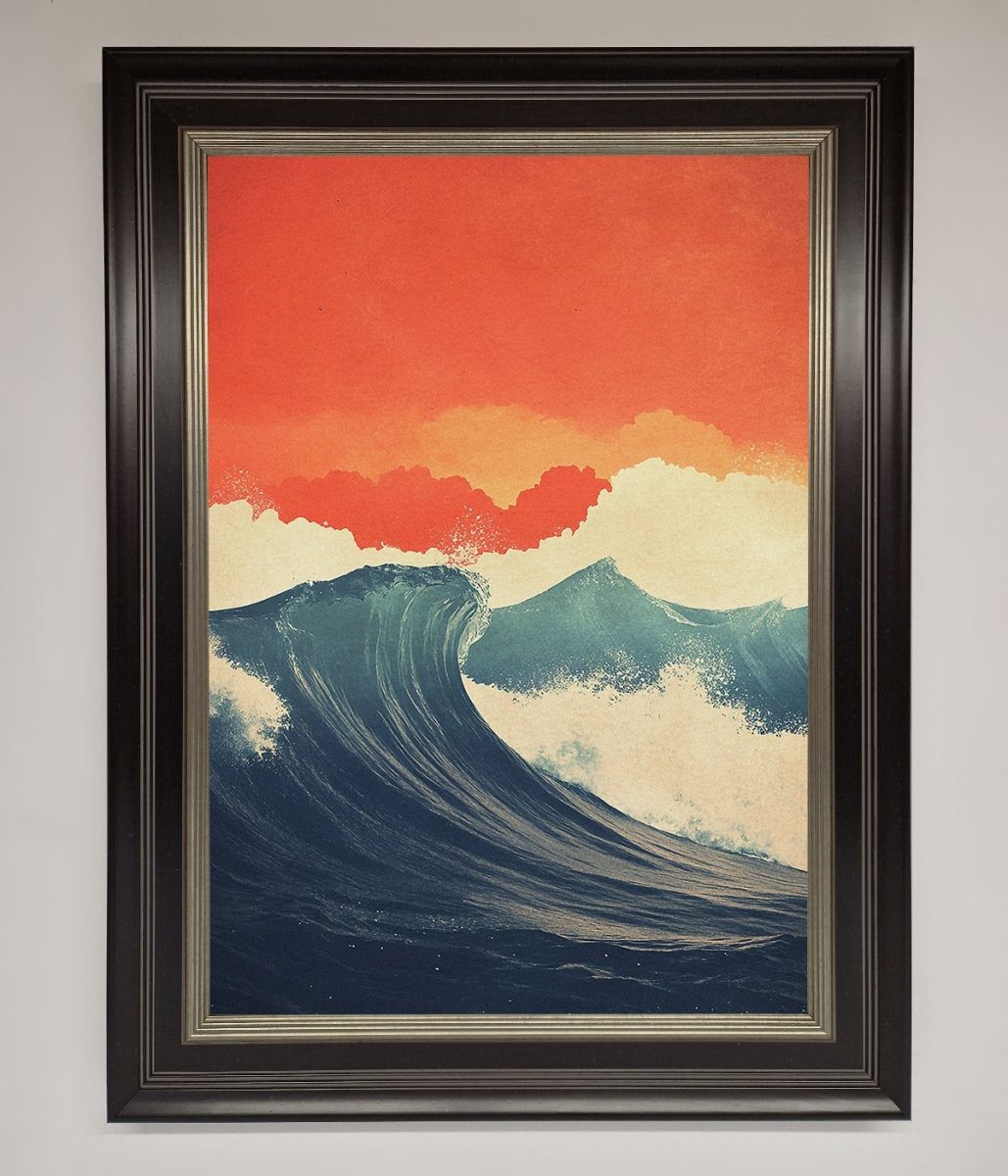 Blue Waves Crash Red Sunset Framed Poster