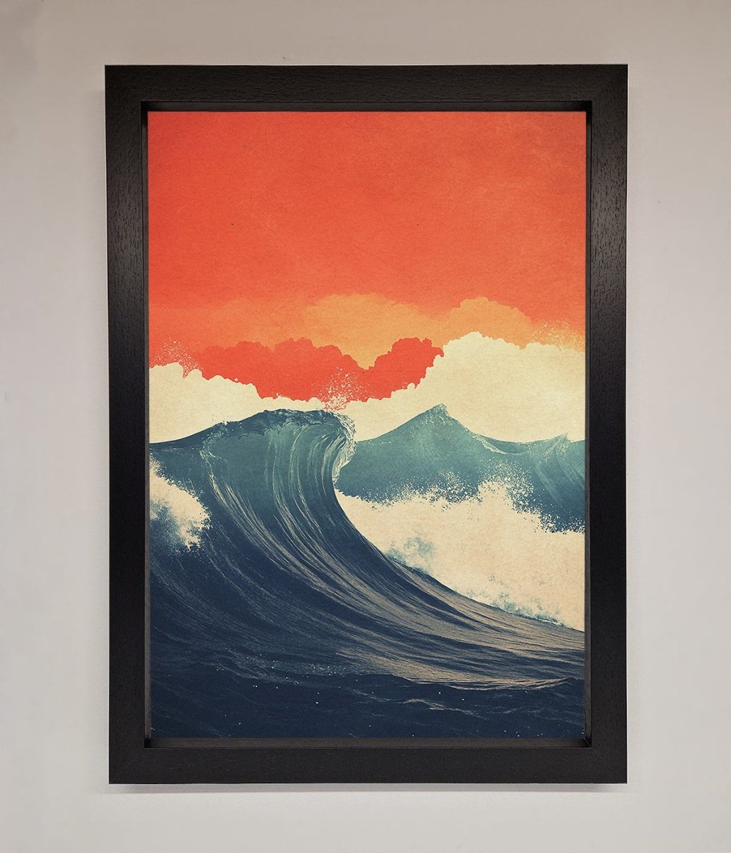 Blue Waves Crash Red Sunset Framed Poster