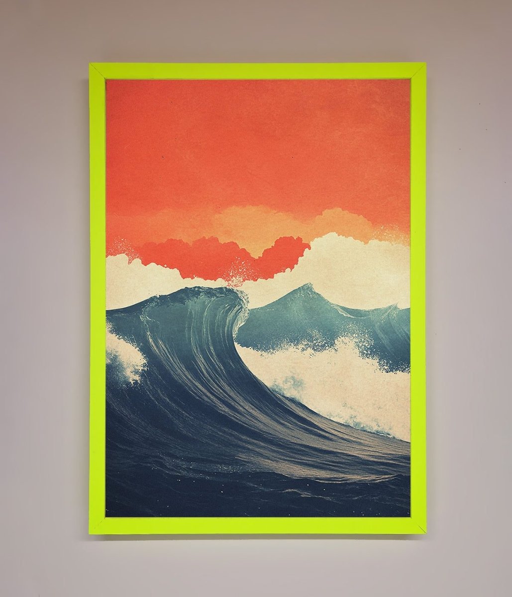 Blue Waves Crash Red Sunset Framed Poster