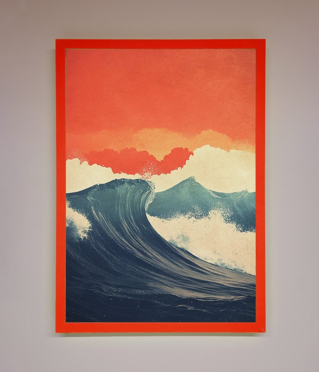 Blue Waves Crash Red Sunset Framed Poster