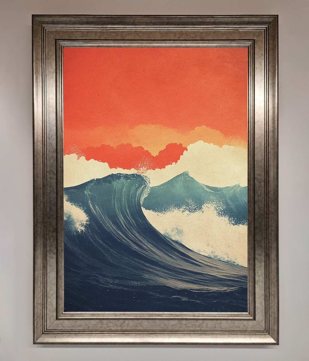 Blue Waves Crash Red Sunset Framed Poster