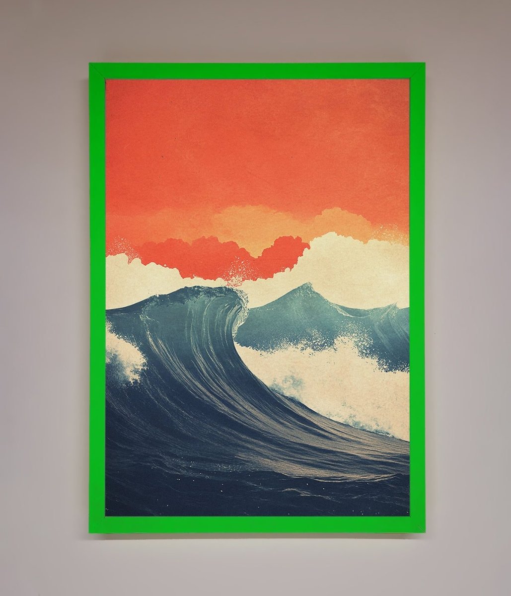 Blue Waves Crash Red Sunset Framed Poster