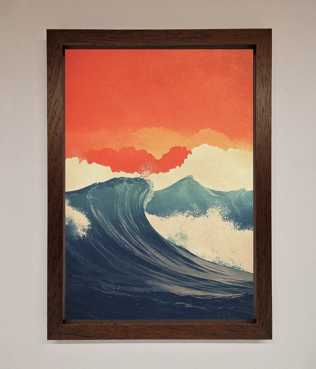 Blue Waves Crash Red Sunset Framed Poster
