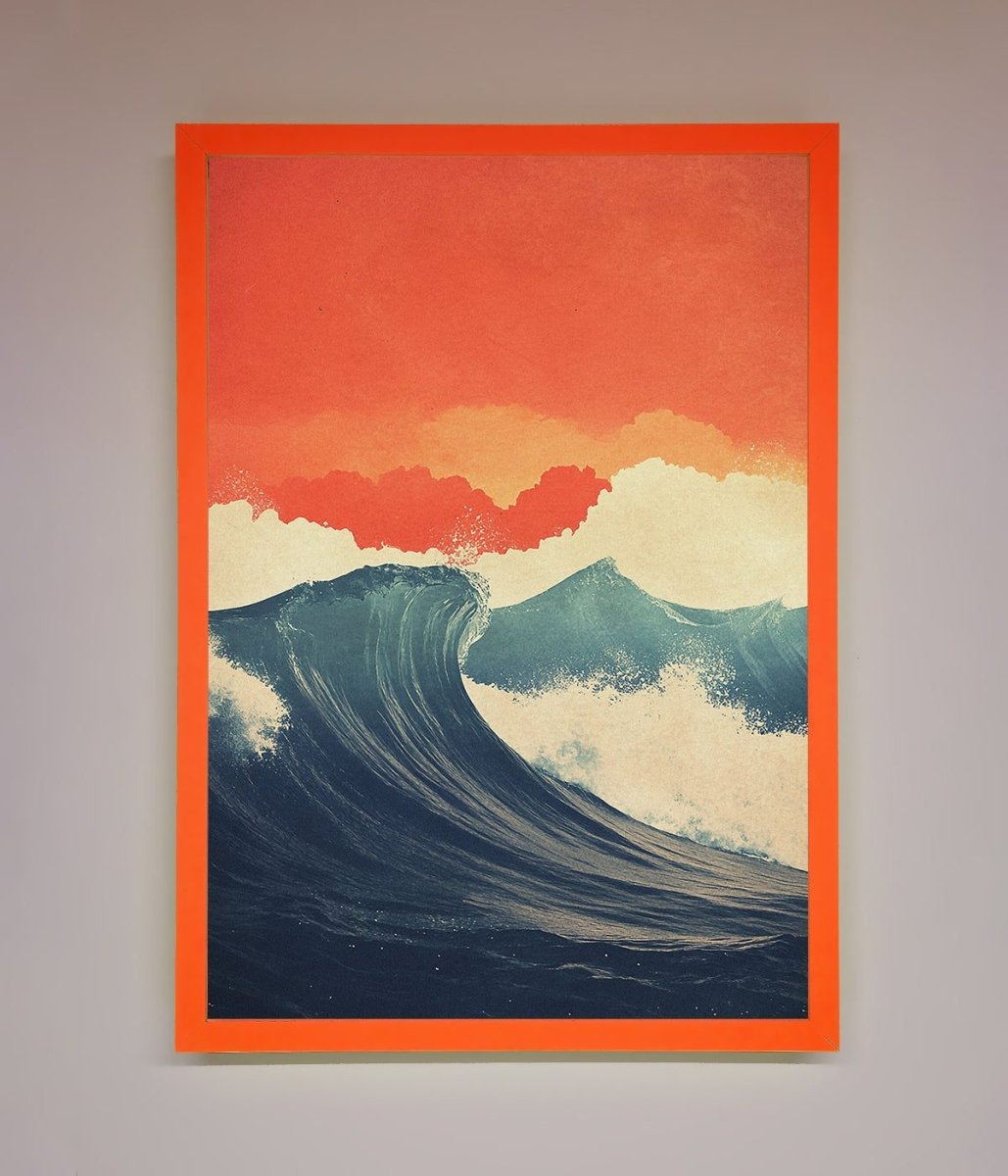 Blue Waves Crash Red Sunset Framed Poster