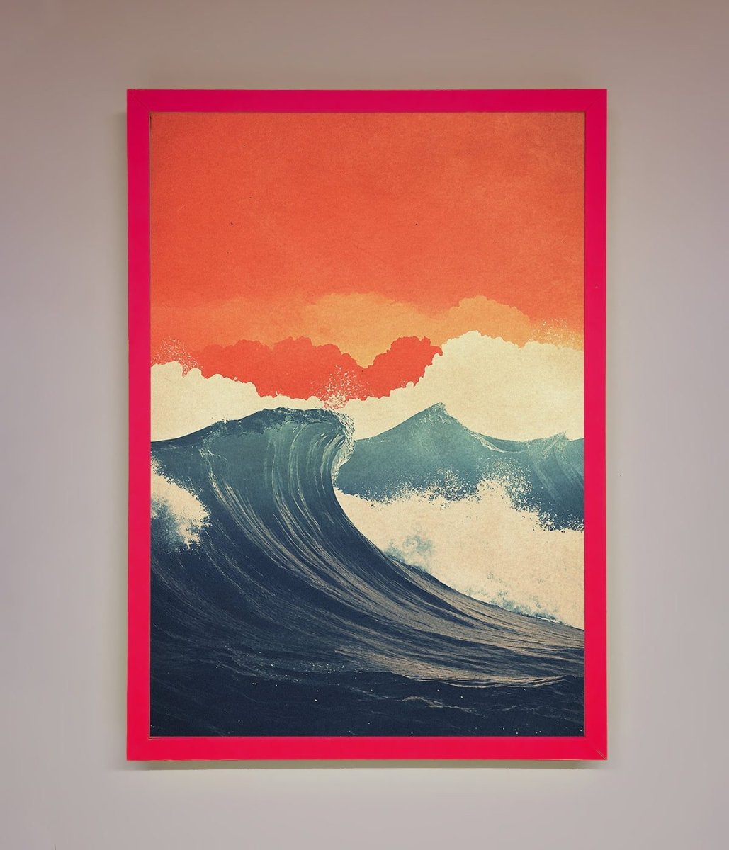 Blue Waves Crash Red Sunset Framed Poster