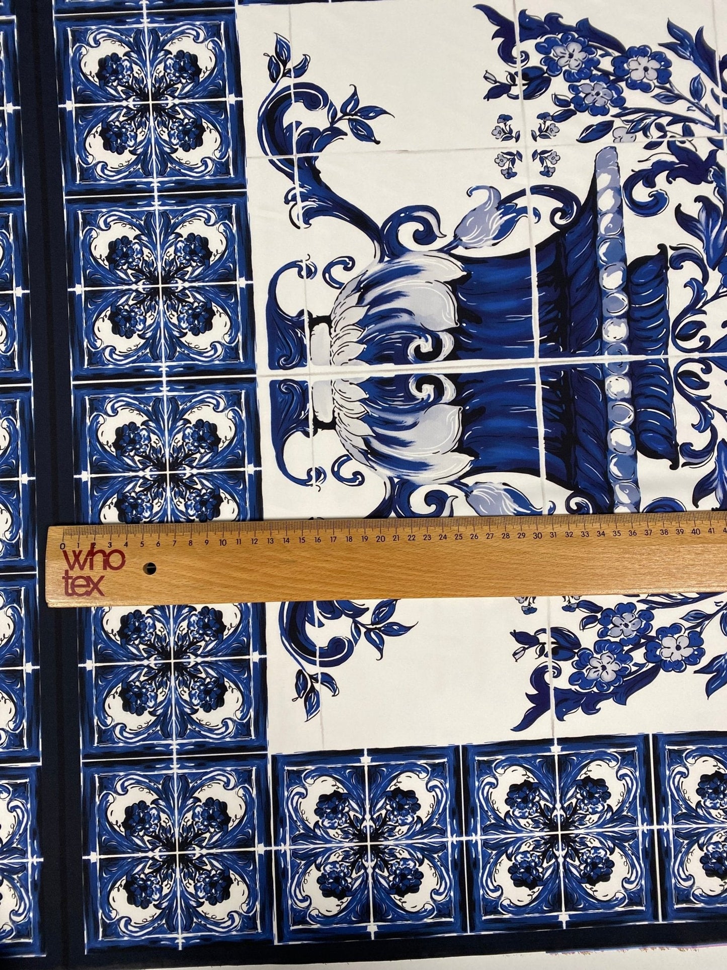 Blue & White Tile Print Crepe Fabric by the Metre – Classic Floral